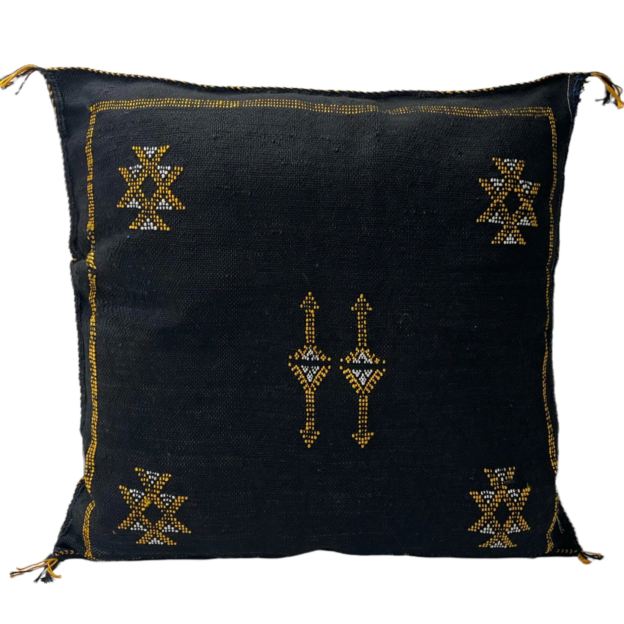 Coussin Sabra Soie de Cactus Noir Coutures Jaunes